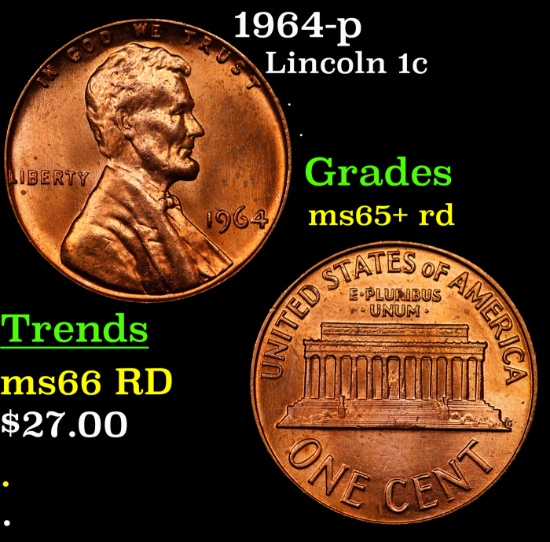 1964-p Lincoln Cent 1c Grades Gem+ Unc RD