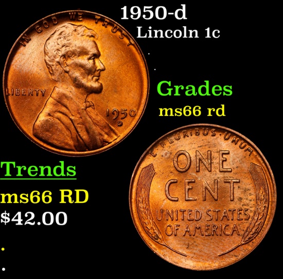 1950-d Lincoln Cent 1c Grades GEM+ Unc RD