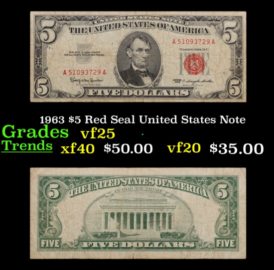 1963 $5 Red Seal United States Note Grades vf+