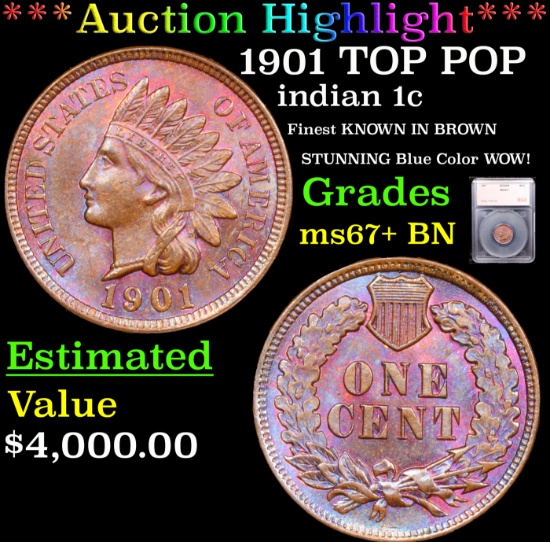 ***Auction Highlight*** 1901 Indian Cent TOP POP 1c Grades GEM++ BN By SEGS (fc)