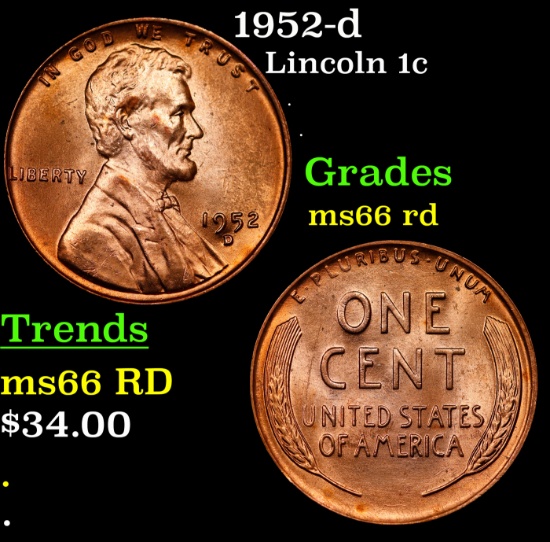 1952-d Lincoln Cent 1c Grades GEM+ Unc RD