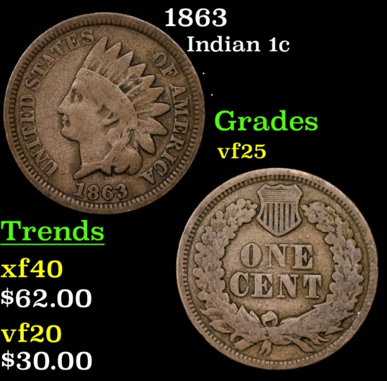 1863 Indian Cent 1c Grades vf+