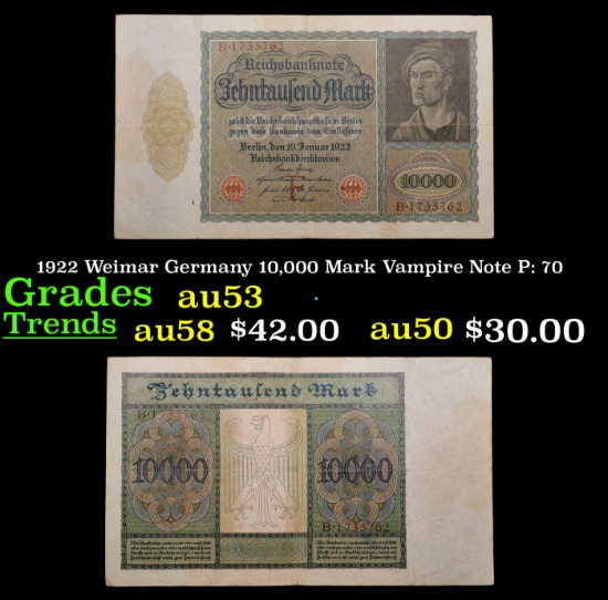 1922 Weimar Germany 10,000 Mark Vampire Note P: 70 Grades Select AU