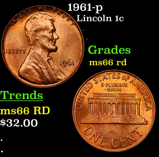 1961-p Lincoln Cent 1c Grades GEM+ Unc RD