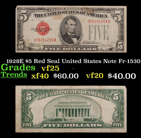1928E $5 Red Seal United States Note Fr-1530 Grades vf+