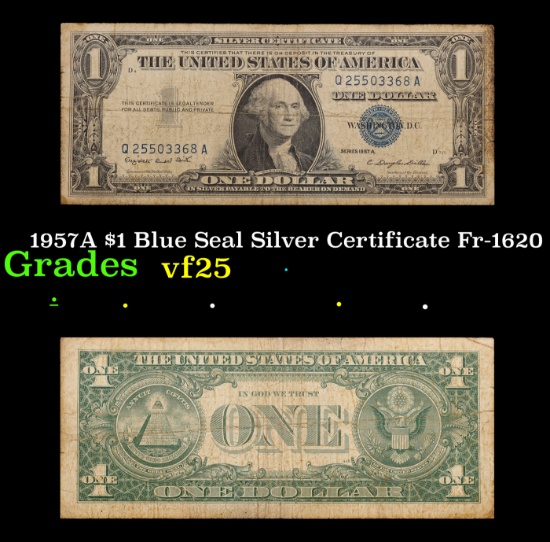 1957A $1 Blue Seal Silver Certificate Fr-1620 Grades vf+