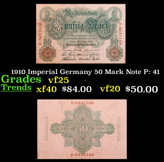 1910 Imperial Germany 50 Mark Note P: 41 Grades vf+