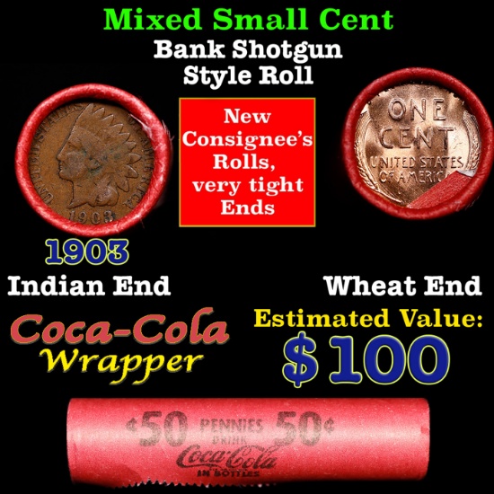 Mixed small cents 1c orig shotgun roll, Wheat Cent, 1903 Indian Cent other end, Coca Cola Brandt Wra