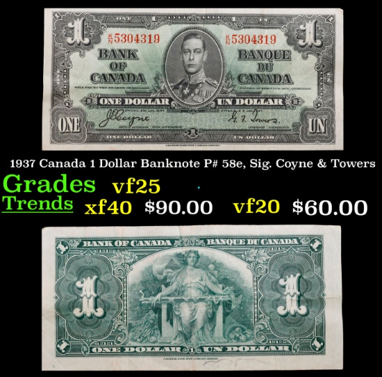 1937 Canada 1 Dollar Banknote P# 58e, Sig. Coyne & Towers Grades vf+