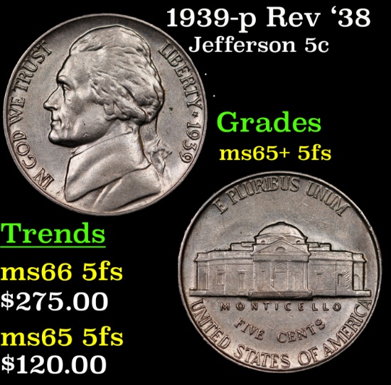 1939-p Rev '38 Jefferson Nickel 5c Grades GEM+ 5fs