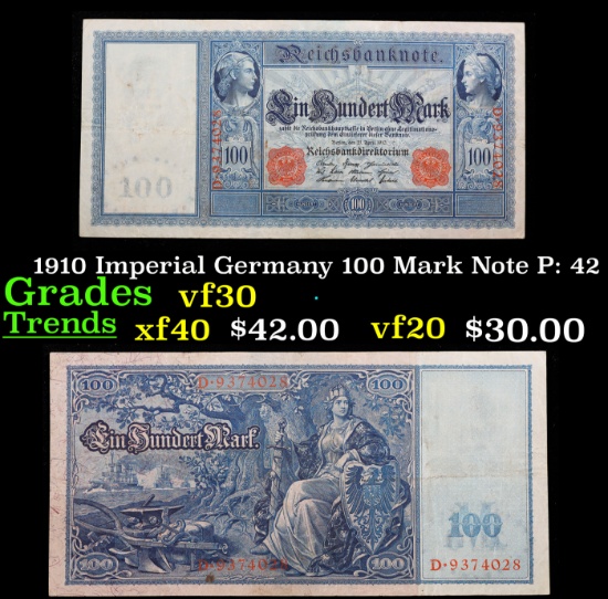 1910 Imperial Germany 100 Mark Note P: 42 Grades vf++