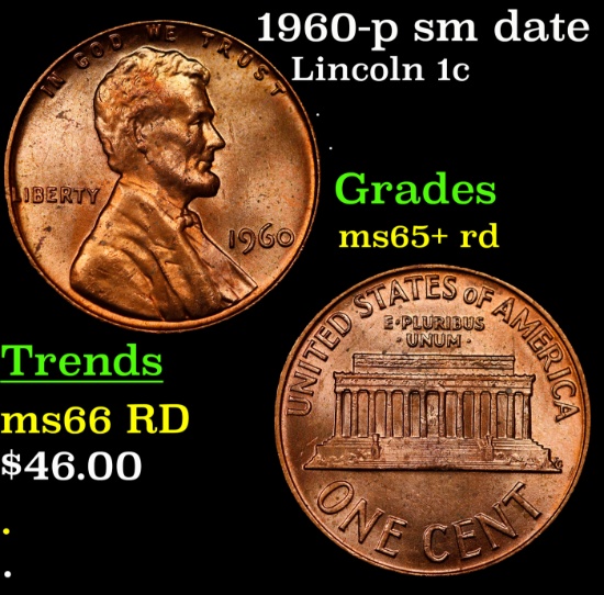 1960-p sm date Lincoln Cent 1c Grades Gem+ Unc RD