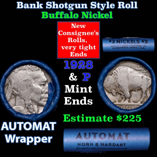 Buffalo Nickel Shotgun Roll in Old Bank Style 'Abbott Coin Counter AutoMat' Wrapper 1930 & p Mint En