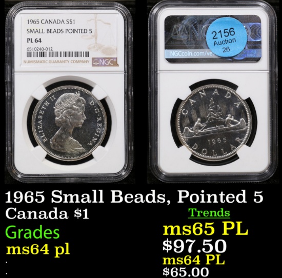 NGC 1965 Small Beads, Pointed 5 Canada Dollar $1 Graded ms64 pl By NGC