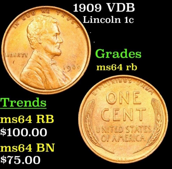 1909 VDB Lincoln Cent 1c Grades Choice Unc RB