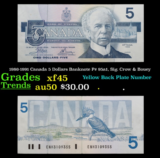 1986-1991 Canada 5 Dollars Banknote P# 95a1, Sig. Crow & Bouey Grades xf+