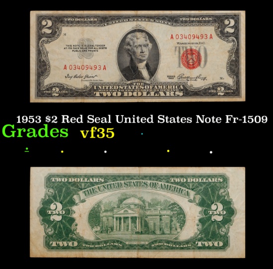 1953 $2 Red Seal United States Note Fr-1509 Grades vf++