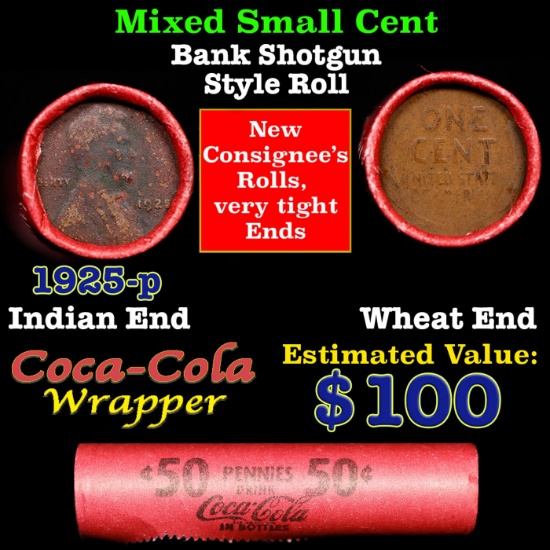 Mixed small cents 1c orig shotgun roll, 1925-s Lincoln Cent, Wheat Cent other end, Coca Cola Brandt