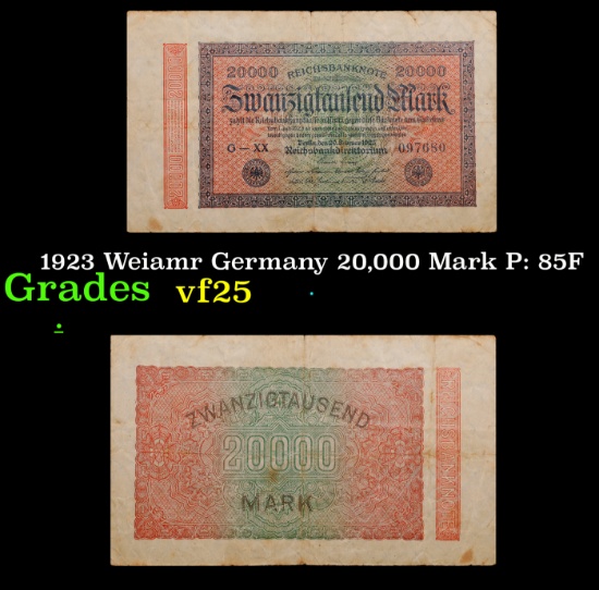 1923 Weiamr Germany 20,000 Mark P: 85F Grades vf+