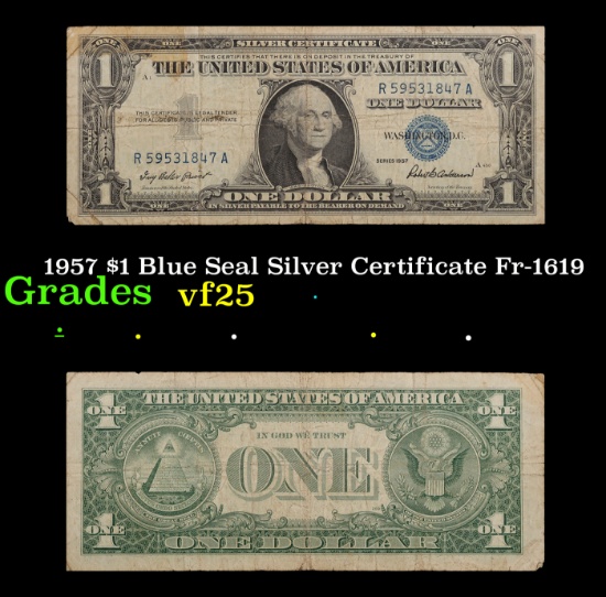 1957 $1 Blue Seal Silver Certificate Fr-1619 Grades vf+