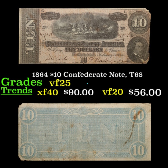 1864 $10 Confederate Note, T68 Grades vf+