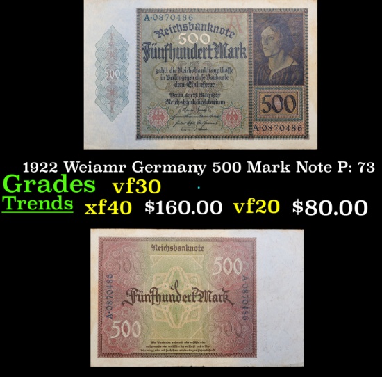 1922 Weiamr Germany 500 Mark Note P: 73 Grades vf++