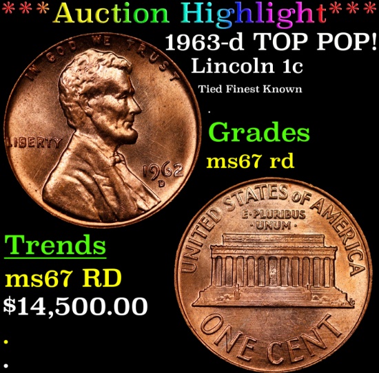 ***Auction Highlight*** 1963-d Lincoln Cent TOP POP! 1c Graded GEM++ Unc RD By USCG (fc)