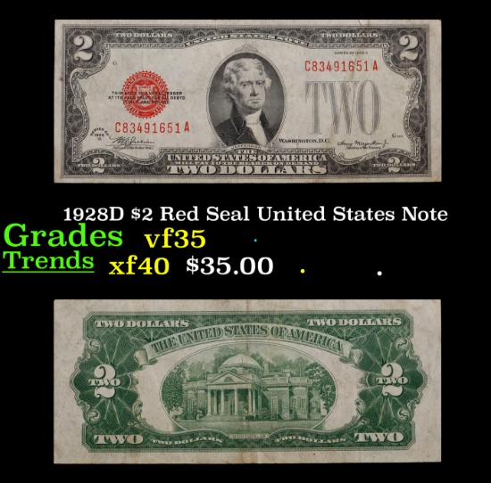 1928D $2 Red Seal United States Note Grades vf++