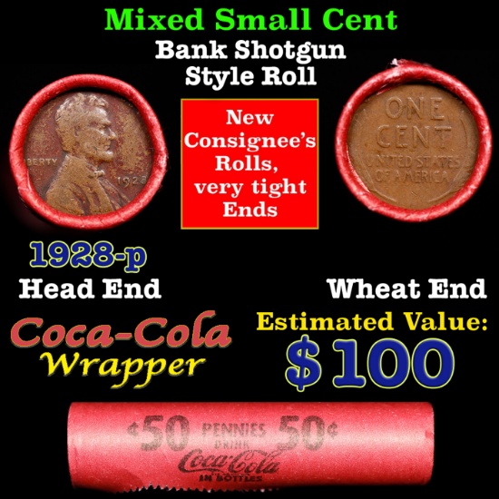 Mixed small cents 1c orig shotgun roll, 1928-p Lincoln Cent, Wheat Cent other end, Coca Cola Brandt
