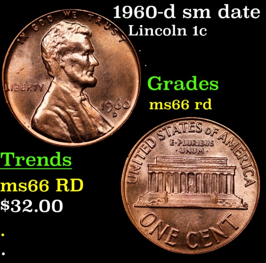 1960-d sm date Lincoln Cent 1c Grades GEM+ Unc RD