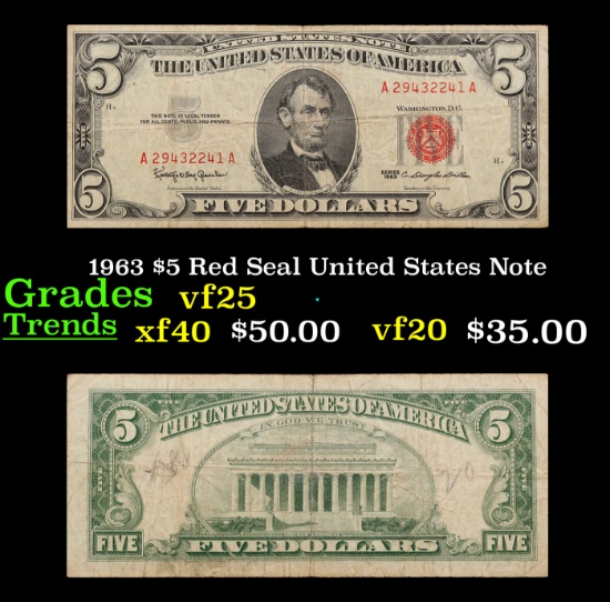 1963 $5 Red Seal United States Note Grades vf+