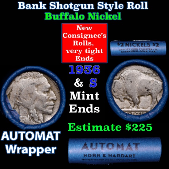 Buffalo Nickel Shotgun Roll in Old Bank Style 'Abbott Coin Counter AutoMat' Wrapper 1936 & s Mint En