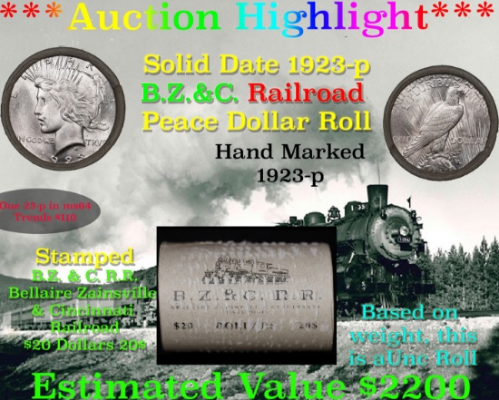 ***Auction Highlight*** Full solid date 1923-p Uncirculated Peace silver dollar roll, 20 coins (fc)