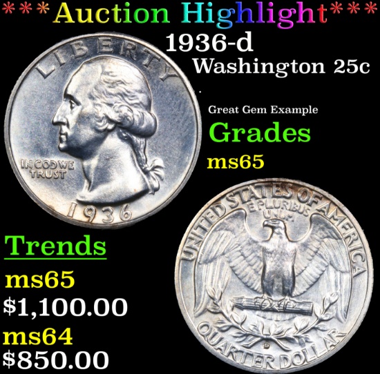 ***Auction Highlight*** 1936-d Washington Quarter 25c Graded ms65 By SEGS (fc)