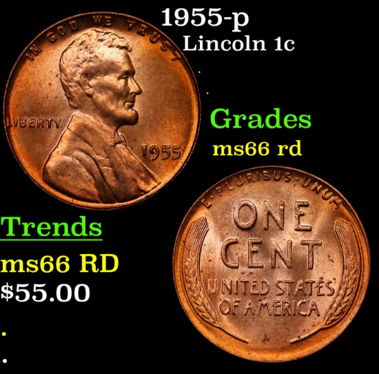 1955-p Lincoln Cent 1c Grades GEM+ Unc RD
