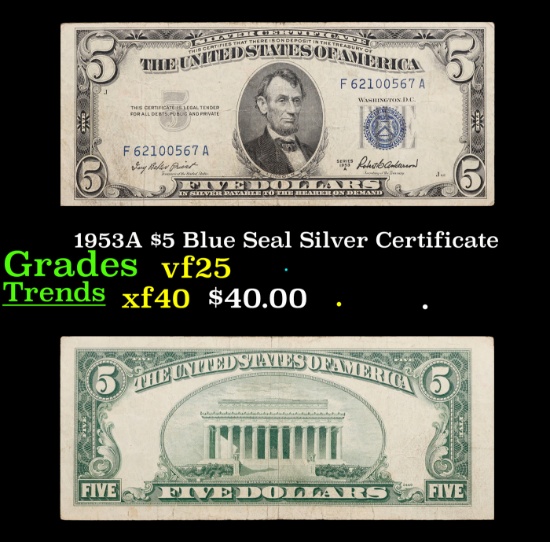 1953A $5 Blue Seal Silver Certificate Grades vf+