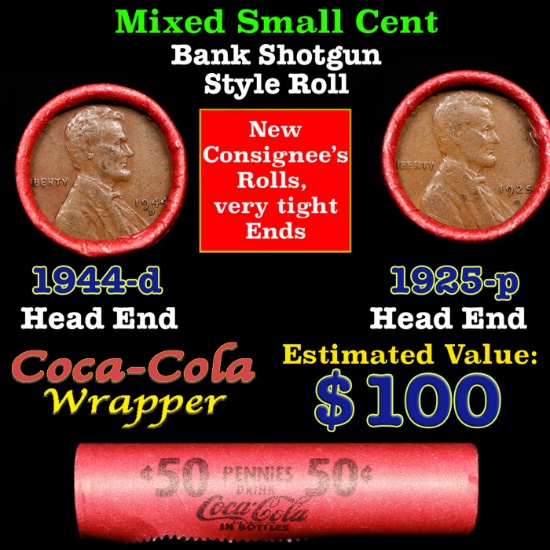 Mixed small cents 1c orig shotgun roll, 1925-p Lincoln Cent, 1944-d Lincoln Cent other end, Coca Col