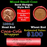 Mixed small cents 1c orig shotgun roll, 1956-d Lincoln Cent,Wheat Cent other end, Coca Cola Brandt W