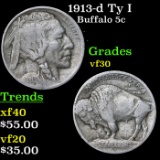 1913-d Ty I Buffalo Nickel 5c Grades vf++