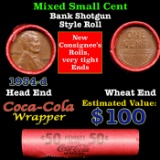 Mixed small cents 1c orig shotgun roll, 1954-d Lincoln Cent, Wheat Cent other end, Coca Cola Brandt