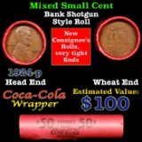 Mixed small cents 1c orig shotgun roll, 1924-p Lincoln Cent,Wheat Cent other end, Coca Cola Brandt W