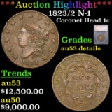 ***Auction Highlight*** 1823/2 Coronet Head Large Cent N-1 1c Graded au53 details By SEGS (fc)