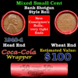 Mixed small cents 1c orig shotgun roll, 1948-d Lincoln Cent, Wheat Cent other end, Coca Cola Brandt