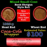 Mixed small cents 1c orig shotgun roll, 1925-p Lincoln Cent, Wheat Cent other end, Coca Cola Brandt