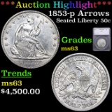 ***Auction Highlight*** 1853-p Arrows & Rays Seated Half Dollar 50c Graded ms63 By SEGS (fc)