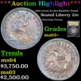 ***Auction Highlight*** 1853 arrow & rays Seated Liberty Quarter Rainbwo Toned 25c Graded Select+ Un