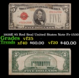 1928E $5 Red Seal United States Note Fr-1530 Grades vf+
