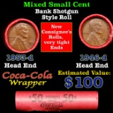 Mixed small cents 1c orig shotgun roll, 1940-d Lincoln Cent, 1953-d Lincoln Cent other end, Coca Col