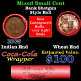 Mixed small cents 1c orig shotgun roll, Wheat Cent, 1903 Indian Cent other end, Coca Cola Brandt Wra