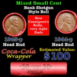 Mixed small cents 1c orig shotgun roll, 1944-p Lincoln Cent, 1945-p Lincoln Cent other end, Coca Col